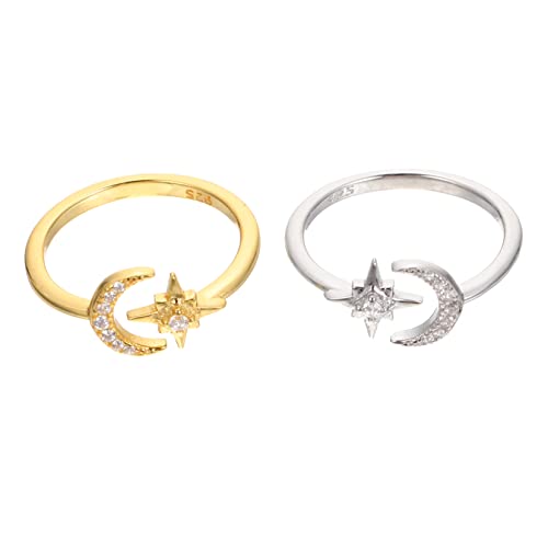 2Stücke Damen Offene Ringe mit Stern Design Verstellbare Rhinestone Ringe Sterling Eleganter Schmuck für Damen von FRCOLOR