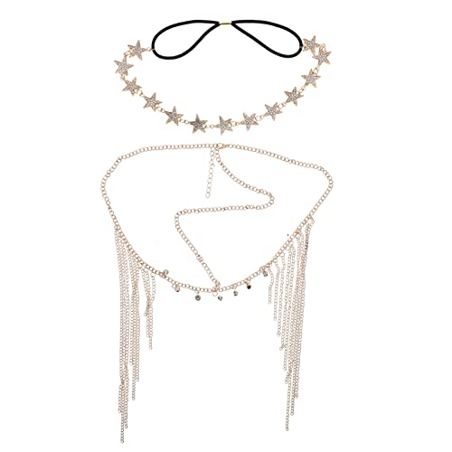 2st Stirnband Mit Perlenkette Haarband Bands Braut Stirnband Kopfschmuck Für Frauen Schmuck Für Die Haare Strass Kopf Kette Halskette Damen Stirnbänder Anhänger Golden Legierung FRCOLOR von FRCOLOR