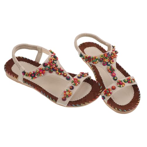FRCOLOR 1 Paar Flache Sandalen: Bequeme Damensandale Mit Knöchelriemen – Flache, Rutschfeste Strandschuhe Im Boho-stil Mit Perlenschmuck Für Damen, Mädchen Und Frauen (größe: 36) von FRCOLOR