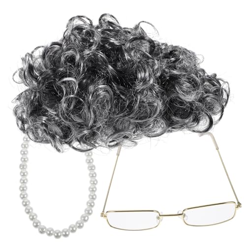 FRCOLOR Perücke Für Ältere Dame Kostüm Für Großmutter Kurz Und Lockig Brille Und Halskette Inklusive Für Cosplay Partys Und Halloween von FRCOLOR