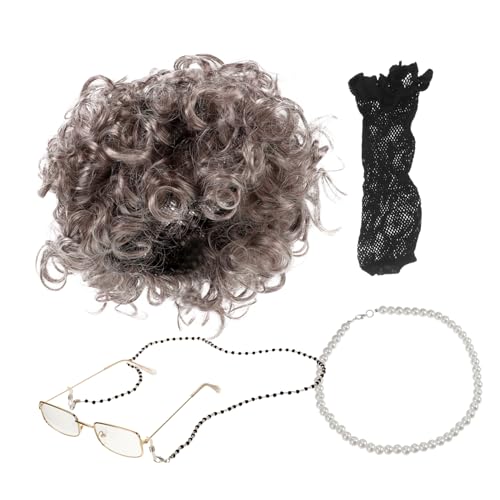 FRCOLOR 1 Satz Oma Perücke Set Für Großmutter Oma-brille Für Erwachsene Brillenkette Uv Gläser Alte Dame Perlenkette Alte Dame Kostüm Für Damen Oma Graue Perücke Kunstfaser von FRCOLOR