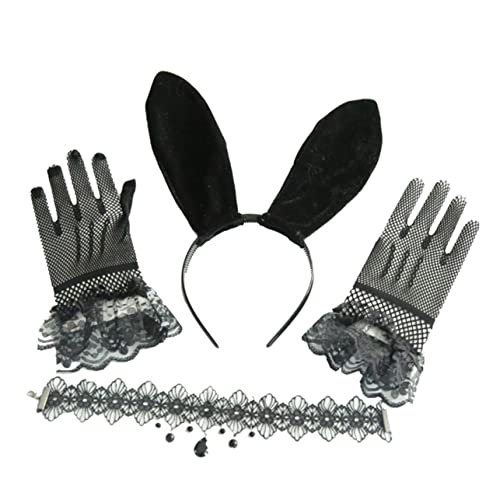 FRCOLOR 1 Satz Häschen-anziehset Kleidung Werkzeug Schwarzes Kaninchenkostüm Stirnbänder Für Damen Schwarz Accessoires Für Damen Cosplay Spitzenhandschuhe Fräulein Halloween Samt Stirnband von FRCOLOR