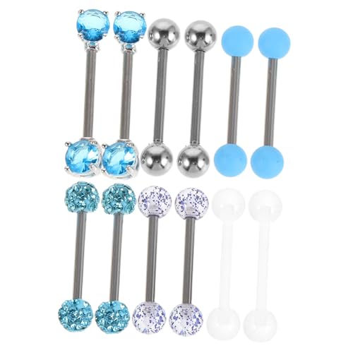 FRCOLOR 12 Stück Teiliges Zungenpiercing Stäbe aus Edelstahl mit Blauem Acrylperlen Design und Zirkonia Gerader Barbell Piercing Schmuck für Damen und Herren Hautverträglich und von FRCOLOR