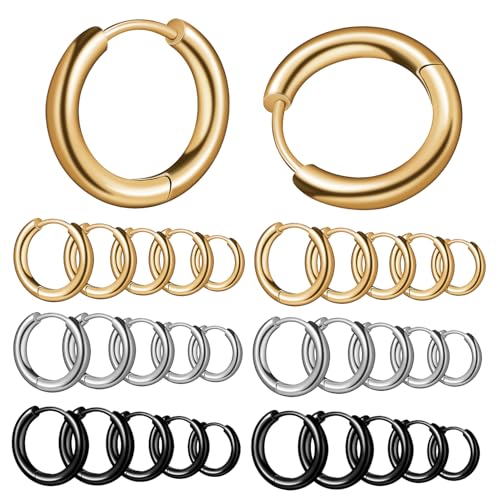 FRCOLOR 15 Paare Creolen für Herren Titanstahl Ohrringe in Silber Schwarz Gold Hoop Earrings Vielseitig Komfortabel für Alltag Party Halloween von FRCOLOR