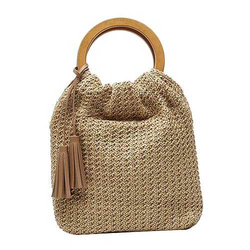 FRCOLOR 1Stück Runder Handtasche Geflochtenem Material mit Holzgriff Stilvolle Strandtasche für Damen Vielseitig Tragbar Schulter oder Henkeltasche für Urlaub Shopping von FRCOLOR