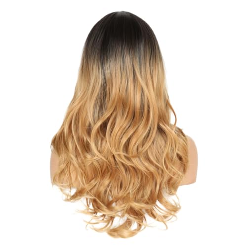 FRCOLOR Stilvolle Mittelscheitel Lange Perücke Realistische Locken Haube Exquisites Netz Haarschmuck Für Frauen ädchen Mit Farbverlauf Zu Hellgold von FRCOLOR