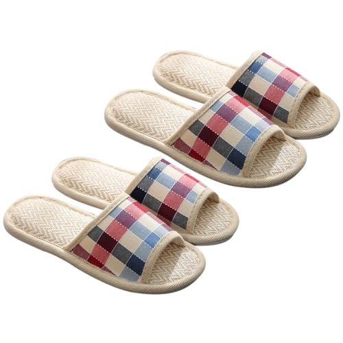 FRCOLOR 2 Paar Leinen Hausschuhe Frauen-Slipper Hausschuhe für Herren Männer Pantoffel Sommer Pantoffel Hausschuhe für Männer Spa-Gästehausschuhe Offene Hausschuhe Einweg Sandalen reisen von FRCOLOR