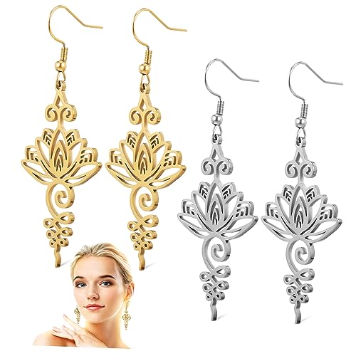 FRCOLOR 2 Paare Lotus Blüten Ohrringe Damen Hängend Leicht Ohrschmuck Kreativ Elegant Gold Silber von FRCOLOR