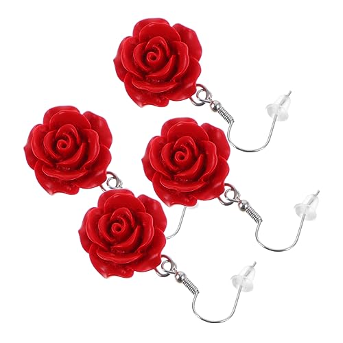 FRCOLOR 2 Paare Rote Rosen Ohrhänger Damen Blumenohrringe mit Haken Modischer Schmuck für Teenager Mädchen und Frauen Langlebig Farbintensiv Vielseitig Tragbar von FRCOLOR