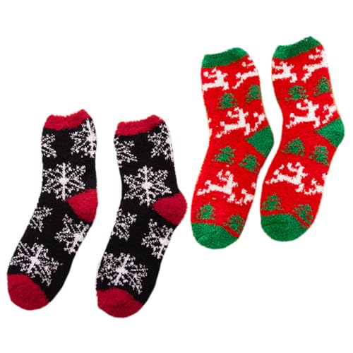 FRCOLOR 2 Paare Weiche Dicke Weihnachtsstrümpfe aus Fleece für Damen Warme Rutschfeste Haussocken mit Festlichem Motiv Atmungsaktiv und Elastisch für Kalte Wintertage von FRCOLOR