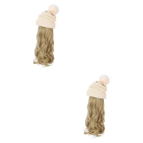 FRCOLOR 2 Sätze abnehmbare Perückenkappe Hut Perücke Haarspange mit chinesischem Fächer Wintermütze für Damen lockige Echthaarperücke gehäkelte Mütze Beanie mit angesetztem Haar für Damen von FRCOLOR