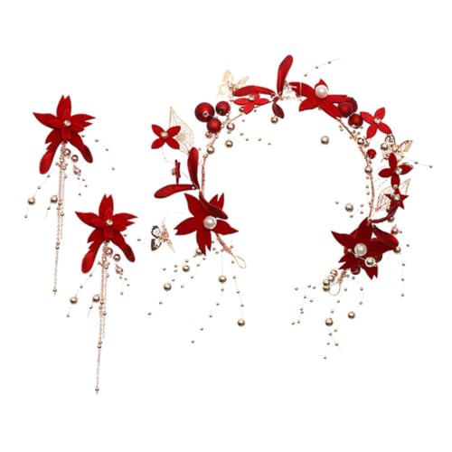 FRCOLOR 2 Sets Braut Stirnband Ohrringe Fransen Ohrringe Hochzeits Stirnband Hochzeitsdekor Kronen Haarband Braut Accessoire Verschleißfeste Kopfschmuck Ohrringe Stoff Rot von FRCOLOR