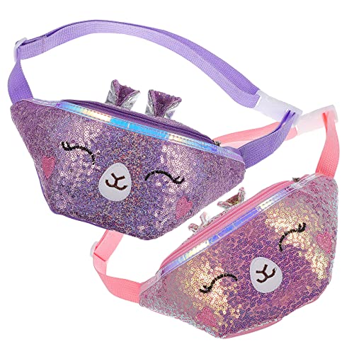 FRCOLOR 2 Stück Glitzer Gürteltaschen für Kinder Mädchen Verstellbare Hüfttaschen PU mit Cartoon Design für Reisen und Freizeit von FRCOLOR
