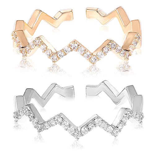 FRCOLOR 2 Stück Teiliges Wellenförmiges Zirkonring für Damen Offene Verstellbare Knöchelringe Persönlich von FRCOLOR