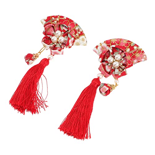 FRCOLOR 2St Haarnadel mit Fächerquaste khimar hijab elegant gepps weihnachten schöning haarklammer Lüfter Haarspangen frauen Netz japanische Fan-Haarspange Fan-Haarschmuck Stoff rot von FRCOLOR