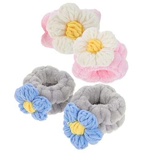 FRCOLOR 2paare Waschwristbands Aus Plüsch Für Mädchen Wasserabsorbierende Handgelenkbänder Zum Waschen Gesichts Bequeme Elastische Armbänder Grauton Und Cremeblüten-design von FRCOLOR