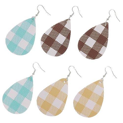 FRCOLOR 3 Paare PU Doppelseitige Karierte Ohrringe Set Teardrop Dangle Ohrringe Kunstleder Leichte Bequeme für Frauen für Besondere Anlässe von FRCOLOR