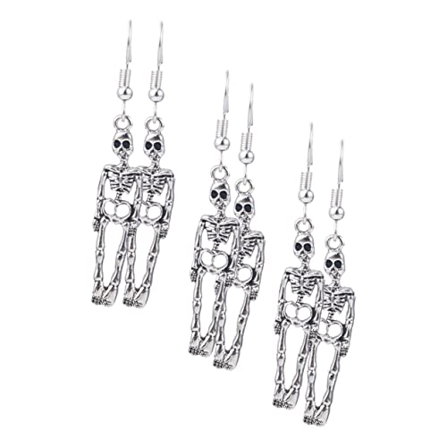 FRCOLOR 3 Paare Retro Schädel Ohrstecker Halloween Schmuck Hängende Skelett Ohrringe Leichte Gruselige Ohrhänger für Damen und Freunde Silberfarben Detailreich Verarbeitet von FRCOLOR