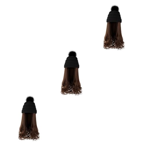 FRCOLOR 3sätze Lange Wellenperücke Mit Abnehmbarer Warmer Strickmütze Für Damen Für Cosplay Und Winterpartys Kunsthaarqualität Und Stylisch von FRCOLOR