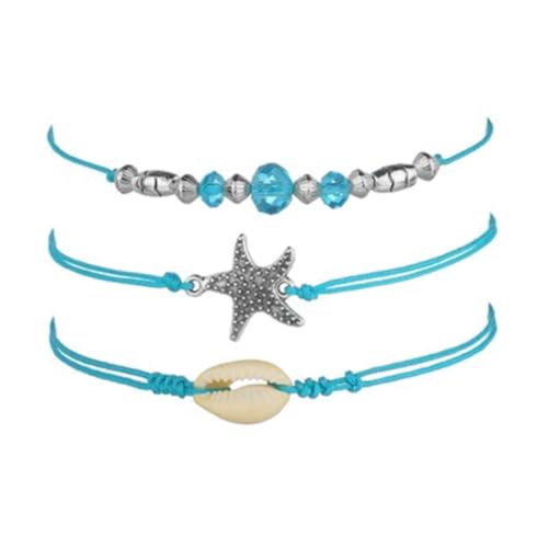 FRCOLOR 3 Stück Boho Schmuck Fußkettchen Damen Teiliges mit Blauen Muschelperlen und Anhänger Verstellbare Bohemia Knöchelketten für Frauen Mädchen Modischer Strand Fußschmuck von FRCOLOR