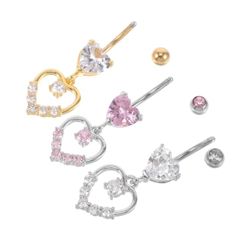 FRCOLOR 3 Stück Herz Bauchnabelpiercing mit Zirkonia Anhänger Langlebiger Nabelring in Silber und Gold Modisches Dangle Design für Damen Komfortabel und Sicher zu Tragen von FRCOLOR