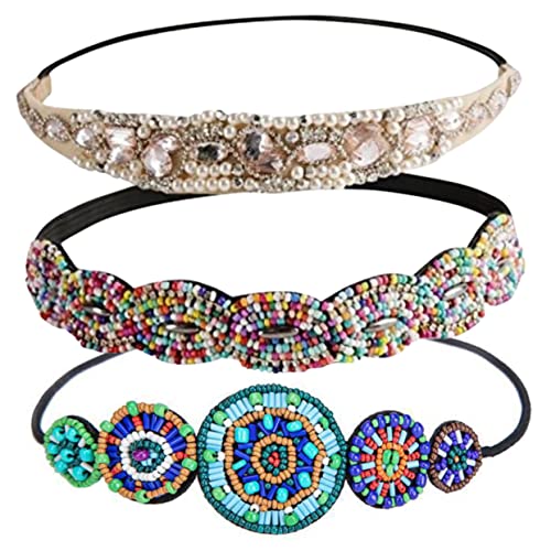 FRCOLOR Strass Stirnband Perlen 3 Stück Elastisch Vintage Haarband Damen Schmuck Haar Zubehör Juwelenbesetztes Haarband für Kurzes Haar für Hochzeit Party Alltag von FRCOLOR