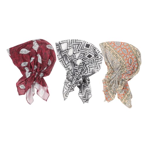 FRCOLOR 3 Stück Piraten Turban für Frauen Elastisch Chemotherapie Mütze Kopfbedeckung für Haarausfall Geometrisch Burgunderfarbenem Federdesign für Make Up Spa Schlaf Hausarbeit von FRCOLOR