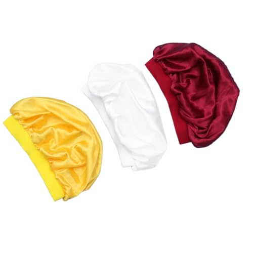 FRCOLOR 3 Stück Schlafhaube Elastische Kopfhaube mit Breitem Band Runde Mütze für Mädchen Gelb Weiß Weinrot Schützt das Haar Beim Schlafen von FRCOLOR