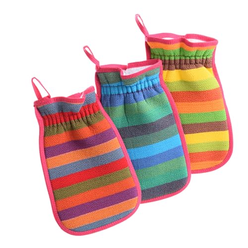 FRCOLOR 3 Stück Teiliges Peeling badetuch aus Pflanzlichen Fasern Doppelseitige Exfolierende Badehandschuhe mit Elastischem Hautfreundlich und Strapazierfähig für Zufällige Farbe von FRCOLOR