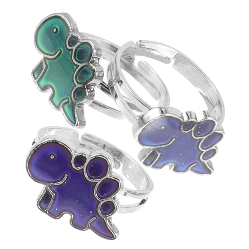 FRCOLOR 3 Stück Verstellbarer Dinosaurier Farbwechselring Stimmungsring Herren Temperaturabhängig Lustiger Cartoon Schmuck für Teenager und Erwachsene von FRCOLOR