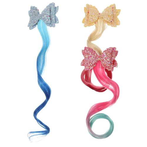 FRCOLOR 3stücke Haarteil-clips Für Mädchen Mit Glitzernden Schleifen-clips Haarspangen Farbigen Synthetischen Haarverlängerungen Spielperücken Lustigen Haardekorationen von FRCOLOR