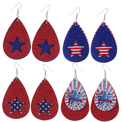 FRCOLOR 4 Paare Independence Day Ohrstecker Damen Wasserfall Tropfenform Ohrschmuck mit Doppelter PU Lederlage und Design Ohrhänger für Mädchen Zufälliges Muster von FRCOLOR