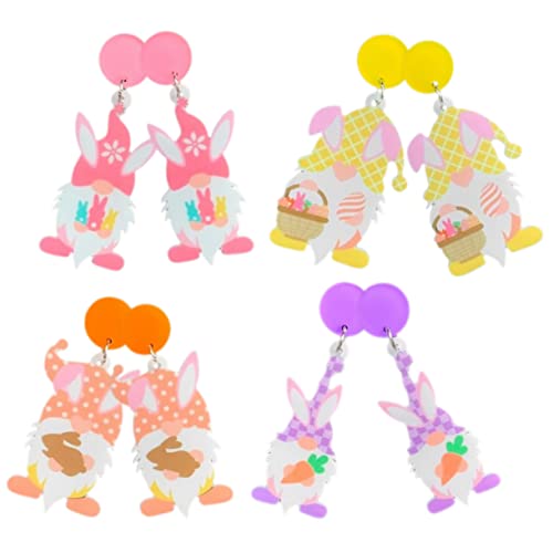 FRCOLOR 4 Paare Osterohrringe Hasen und Wichtelmotiv Bunte Ohrhänger für Mädchen Langlebige Farbintensive Kaninchen Dangle Earrings als zu Ostern von FRCOLOR