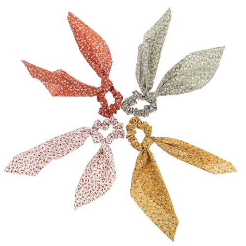 FRCOLOR 4stücke Blumenschleife Haarschal Mit Band Haargummis Elastische Pferdeschwanzhalter Vintage-accessoires Für Frauen Und Mädchen Weicher Stoff Rot Ingwergelb Beige Grün von FRCOLOR