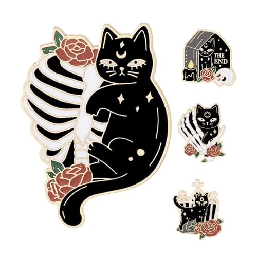 FRCOLOR 4 Stück Teiliges Halloween Metall-anstecknadel Set mit Schwarzer Katzen Rosenbrosche Langlebige Legierung Vielseitig für Kleidung Taschen Hüte Verspieltes Kostümzubehör von FRCOLOR