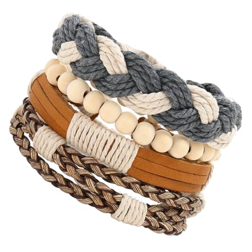 FRCOLOR 4 Stück Teiliges Set Geflochtene Lederarmbänder mit Holzperlen für Damen und Herren Stilvolles DIY Armbandset für Stapeln und Kombinieren von FRCOLOR