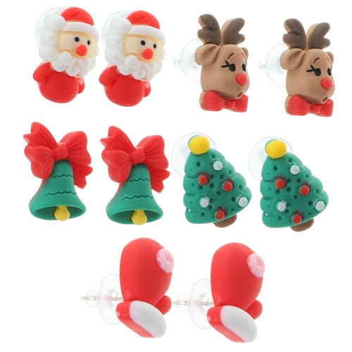FRCOLOR 5 Paare Weihnachts Ohrstecker Damen Ohrringe Resin Leicht Robust Festlich Vielseitig Weihnachtsbaum Glocke Weihnachtsmann von FRCOLOR
