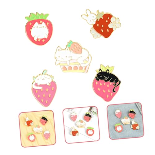 FRCOLOR 5 Stück Niedliche Erdbeer broschen mit Katzenmotiv Kreative Bunte Anstecknadeln aus Langlebiger für Kleidung Taschen Hüte und Rucksäcke Einfach zu Befestigen und Abnehmbar von FRCOLOR
