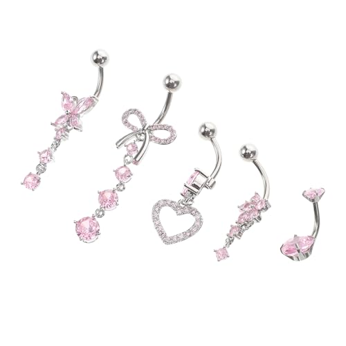 FRCOLOR 5 Stück Teiliges Bauchnabelpiercing aus Edelstahl mit Funkelnden Zirkonia Elegantes Motiv Ergonomisch Geformt für Sicheren Halt Modischer Bauchnabelschmuck für Damen und Herren von FRCOLOR