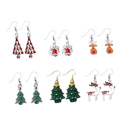 FRCOLOR 6 Paare Weihnachtsohrringe Langlebiger Legierung Stilvolle Xmas Anhänger mit Schneeflocken Glocke und Weihnachtsbaum Bequeme Hautfreundliche Ohrhänger für Festliche Partys und von FRCOLOR