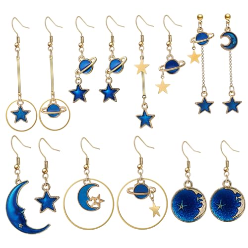 FRCOLOR 7 Paar Ohrringe Damen Mond Stern Planet Anhänger Lange Drop Dangle Ohrringe Vintage Design für Alltag Hochzeit Party von FRCOLOR