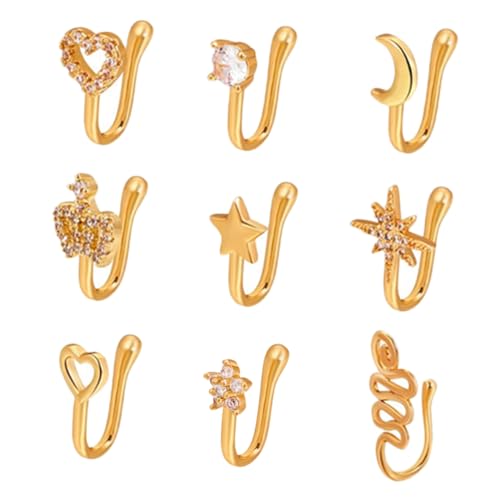 FRCOLOR 9 Stück Teiliges Nasenclip aus Kupfer mit Zirkonia U Förmige Fake Nasenringe Piercing Nasenschmuck Accessoires für Damen Vielseitig für Alltag und Party Geeignet von FRCOLOR
