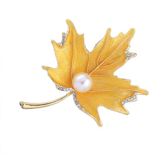 FRCOLOR Ahornblatt Brosche mit Perlenbesatz Strassverziert Stilvolle Anstecknadel für Damen und Mädchen Modisches Schmuckaccessoire für Kleid Schal und Tasche Gelb von FRCOLOR
