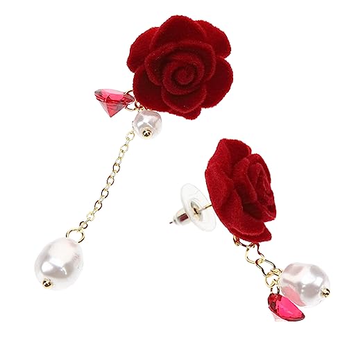 FRCOLOR Asymmetrische Rote Quastenohrringe mit Perlen und Rosenblüte Lange Hängende Blütenohrringe für Damen Modischer Schmuck für Alltag und Besondere Anlässe von FRCOLOR