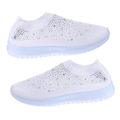 FRCOLOR Atmungsaktive Barfuß Schuhe Damen Strass Sneaker mit Flacher Sohle rutschfeste Sportschuhe Ultraleichte Komfort Turnschuhe für Sommer Flexibles Strickmaterial Komfort Weiß von FRCOLOR
