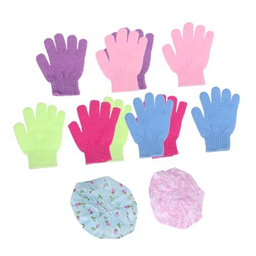 FRCOLOR Badehandschuhe Aus Nylonmaterial Und Schützende Duschmütze-set Fünf-finger-duschhandschuhe Mit Spitzen-badekappe Strapazierfähig Für Peeling Und Körperpflege Bei Damen Und Herren von FRCOLOR