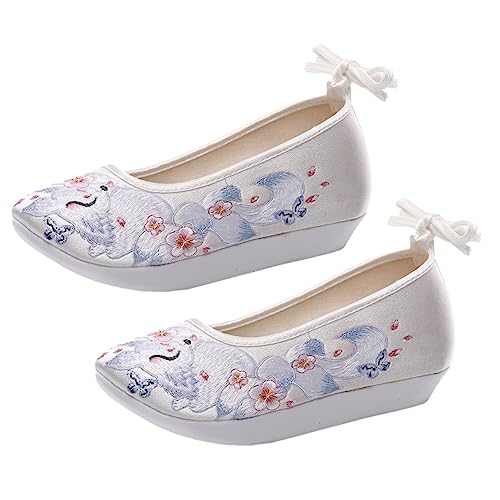 FRCOLOR Bestickte Ethno Hanfu Damenschuhe mit Dicker Sohle und Innen Erhöhtem Keilabsatz Atmungsaktive Hautfreundliche Stoffschuhe für Tanzauftritte und Kulturelle Anlässe Weiß von FRCOLOR