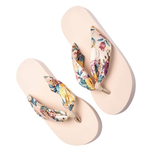 FRCOLOR Bohemia Stil Strand Flip Flops mit Dicker Sohle Rutschfeste Freizeit Sandalen für Damen Sommerparty Atmungsaktiv und Hautfreundlich in Beige Xl von FRCOLOR