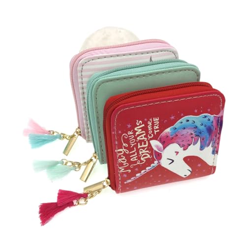 FRCOLOR Cartoon Einhorn Geldbörse PU Kurz Reißverschluss Portemonnaie für Mädchen Leicht Tragbar Vielseitig Verwendbar Sicher für Alltag und Reisen in Rot von FRCOLOR