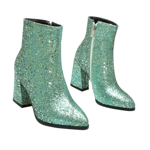 FRCOLOR Chunky Ankle Boots Damen Kurzschaft Stiefeletten mit Spitzen Zehen Glitzer Pailletten Rutschfeste Sohle Bequemer Hoher Absatz Herbst Winter Schuhe für Alltag und Party von FRCOLOR